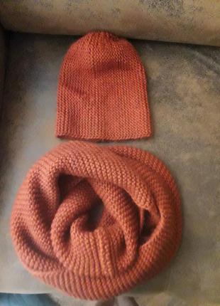 Теплый зимний набор хомут и шапка терракотового, кирпичного цвета