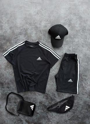 Мужской спортивный комплект black adidas,летние набор адидас чёрный 5 предметов