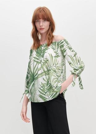 Блуза принт, зелёная блузка, блузка тропический принт