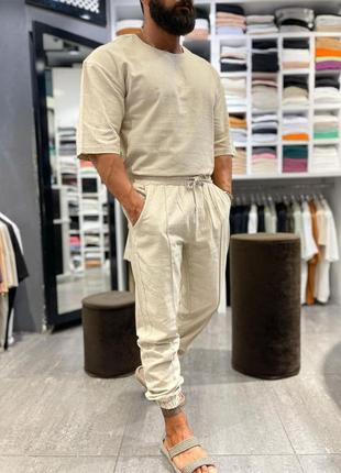 Комплект чоловічий футболка штани базовий бежевий туреччина / костюм штани базовий бежевий турречина3 фото