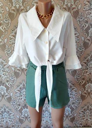 Короткая блузка рубашка из хлопка на завязках большим воротником в винтажном стиле1 фото