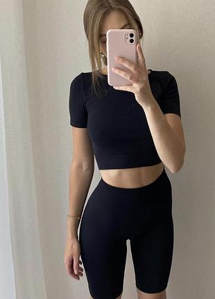 Идеальный твой кроп топ удлинённый футболка чёрный бесшовный микрофибра