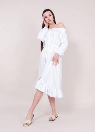 Женское летнее весеннее платье белое светлое однотонное льняное лен с поясом легкое модное красивое свободное на пуговицах миди