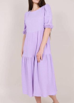 Женское летнее весеннее платье длинное легкое модное красивое свободное хлопковое миди трендовое однотонное сиреневое лиловое2 фото