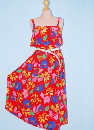 Вінтаж прекрасний сукня сарафан в квіти жатое яскраве на широких шлейках