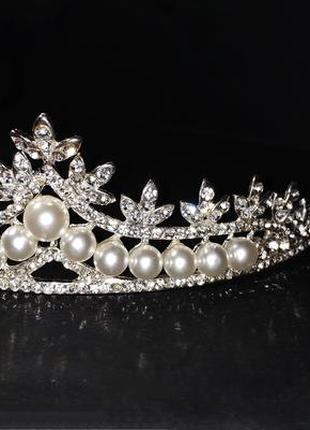 Діадема корона на голову срібло з камінням обідок ободочек весільний випускний з перлами стрази обруч1 фото