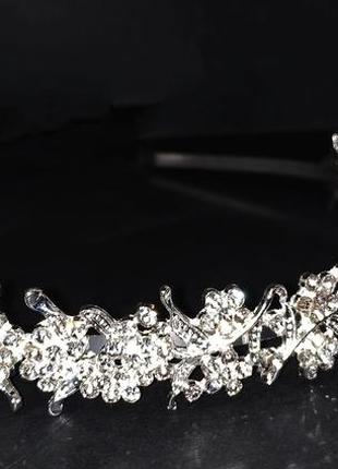 Діадема корона на голову обруч обідок з камінням металевий стразами срібло срібний весільний випускний1 фото