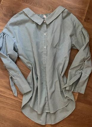 Сорочка блуза zara в смужку з об'ємними рукавами на зав'язках zara