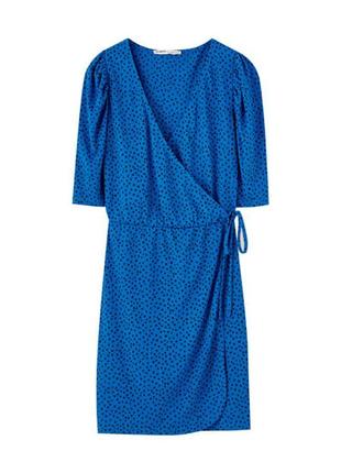 Стильное платье на запах,мини платье,синее платье в горох,платье pull&bear