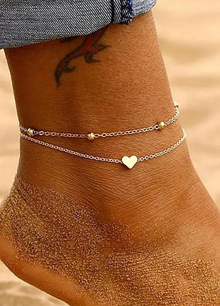 Двойной браслет на ногу сердце анклет сердечко