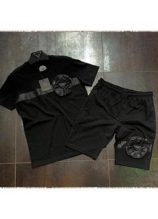 Комплект чоловічий футболка шорти з принтом prada чорний туреччина / костюм шорти з написом прада чорний