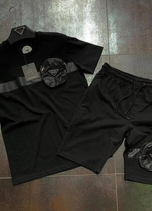 Комплект мужской футболка шорты с принтом prada черный турция / костюм шорти с надписью прада чорний2 фото