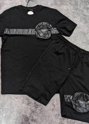 Комплект мужской футболка шорты с принтом prada черный турция / костюм шорти с надписью прада чорний3 фото
