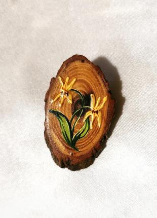Вінтажна брошка малюнок на дереві дерев'яна розпис квіти