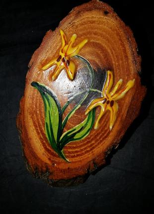 Винтажная брошь рисунок на дереве деревянная роспись цветы3 фото