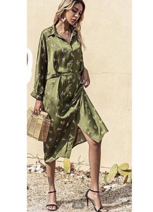 Актуальное сатиновое платье рубашка в оливковый принт zara1 фото