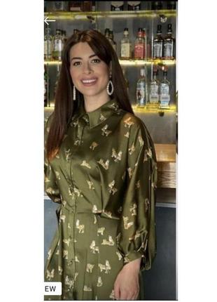 Актуальное сатиновое платье рубашка в оливковый принт zara5 фото