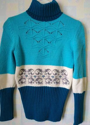 Гольф свитер шерсть принт бирюзовый синий белый ажурный новый с биркой турция1 фото
