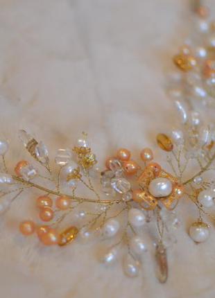 Весільна гілочка з перлами "золотий світанок"3 фото
