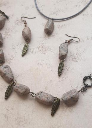 Комплект браслет, сережки чокер полімерна кулон набір бохо підвіс лот hand made каменя лист етно1 фото