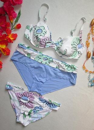 Суперовый раздельный купальник тройка в цветочный принт с отворотом m&s 🍒🍓🍒