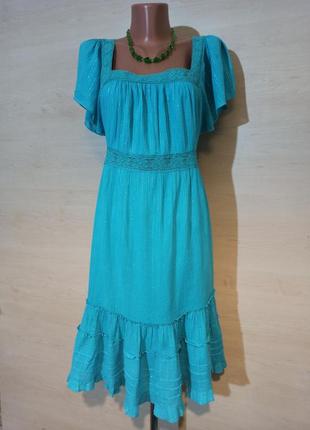 Хлопковое  бирюзовое  платье с кружевом и люрексовой нитью от new look