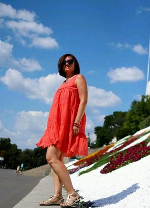 Распродажа!!!платье  сарафан платье оборки ярусы кораловое перфорация