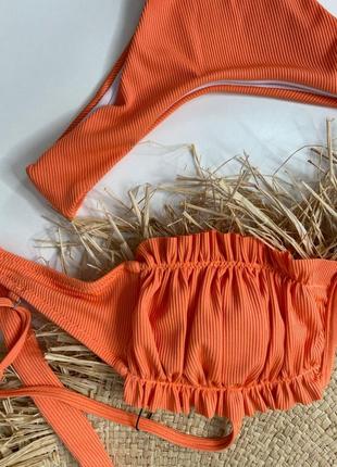 Оранжевый купальник на завязках в рубчик шторки топ бразилиана стринги2 фото