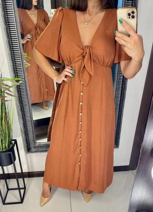 👗крутое медно-коричневое длинное платье с декольте/свободное светло коричневое платье с пуговицами👗
