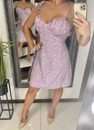 👗милый сиреневый сарафан-бюстье тонкие бретельки/светло фиолетовый короткий сарафан в цветочек👗