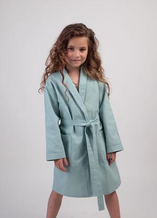 Детский вафельный легкий халат для девочки голубой