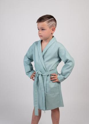 Детский вафельный легкий халат для мальчиков голубой