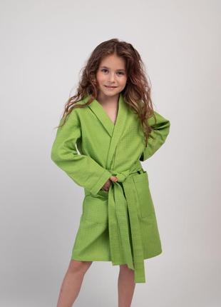 Детский вафельный легкий халат для девочки зеленый1 фото