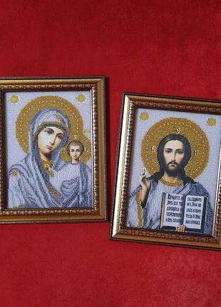 Вінчальна пара ікон чеським бісером, в рамці під антибліковим склом