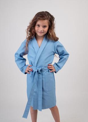 Детский вафельный легкий халат для девочки синий