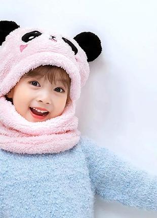 Дитячий снуд панда з вушками (ведмедик) тепла шапка-шарф 2 в 1 (зимова шапка-шолом, балаклава) рожева1 фото