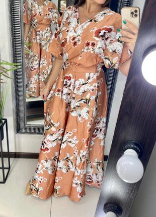 👗обворожительное длинное персиковое платье в цветах/свободное бежевое платье с цветами👗