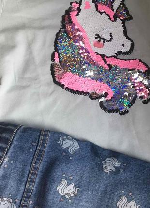 Костюм шорты джинсовые футболка единорог пайетки фламинго h&m palomino7 фото