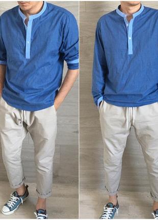 Чоловіча синя лляна сорочка "індиго"з довгим рукавом і коміром стійкою |3 кольори2 фото