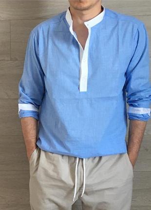 Чоловіча синя лляна сорочка "індиго"з довгим рукавом і коміром стійкою |3 кольори3 фото