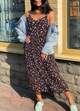 Платье цветочный принт zara, сарафан цветочный принт, платье шифон, сарафан шифон, сарафан миди