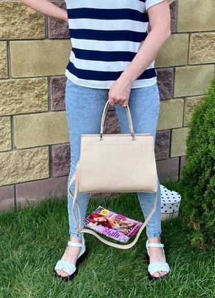 Женская сумка шоппер бежевая с ручками на молнии с карманами - женские летние сумки 20215 фото