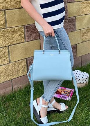 Женская сумка шоппер голубая с ручками на молнии с карманами - женские летние сумки 20215 фото