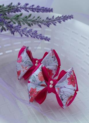 Бантики для девочек с цветами из репсовых лент - резинки для волос (розовые)