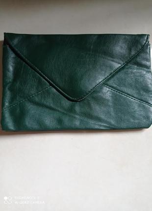 Кожаная зелёная сумочка клатч кошелек конверт натуральная кожа на кнопке1 фото