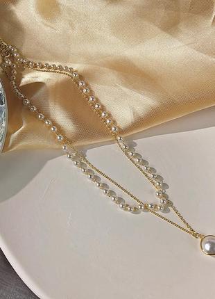 Цепочка цепь колье ожерелье две цепочки под золото кулон с иск.жемчугом7 фото