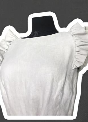 Шикарное бежевое льняное платье на поясе warehouse рюши объемные плечи шёлк мини5 фото
