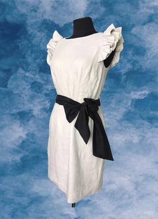 Шикарное бежевое льняное платье на поясе warehouse рюши объемные плечи шёлк мини1 фото