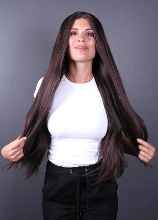 Парик zadira темно каштановый женский длинный прямой на сетке из термоволос4 фото