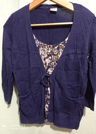 Р11. бавовняний кардиган блуза обманка кофта темно-синя хлопок на завязках бавовна